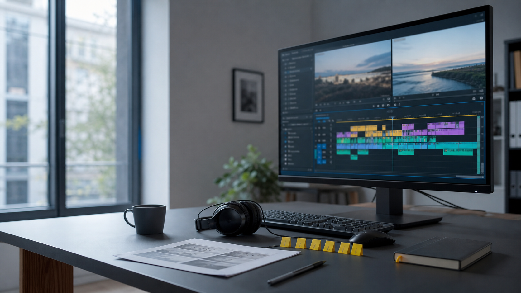 Bureau de montage vidéo illustratif avec timeline, carnet de notes et marqueurs jaunes