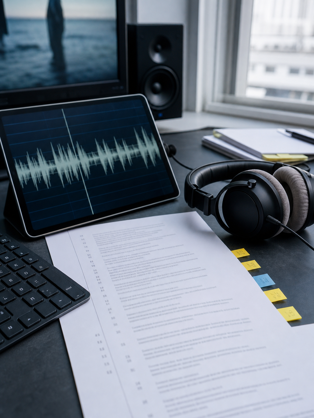 Poste de préparation de sous-titres avec casque, pages de transcription et repères colorés