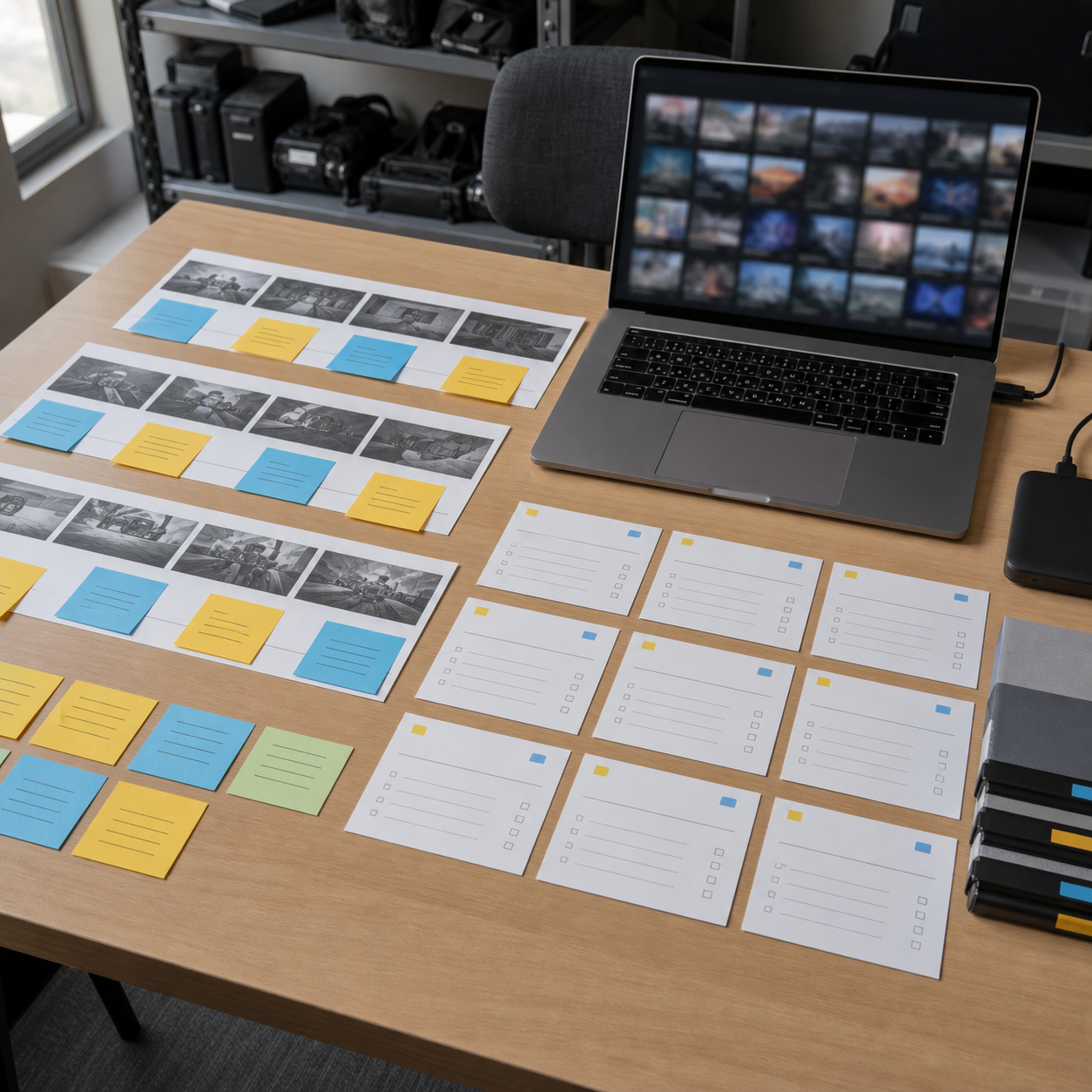 Table de révisions de montage avec storyboard, notes colorées et disque externe